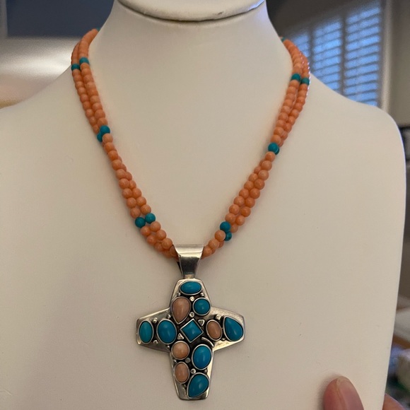 Jay King DTR turquoise coral sterling silver cross pendant necklace - Picture 9 of 11